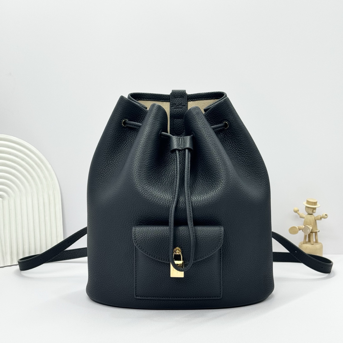 Loro Piana Extra Drawstring backpack L27 Calfskin Blue Navy/Sun Gold