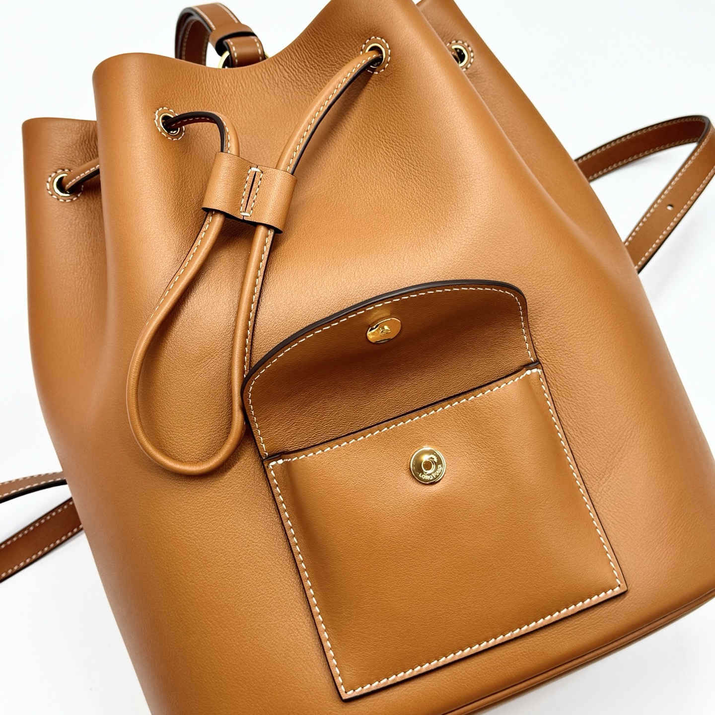 Loro Piana Extra Drawstring backpack L27 Calfskin Warm Tan/Sun Gold