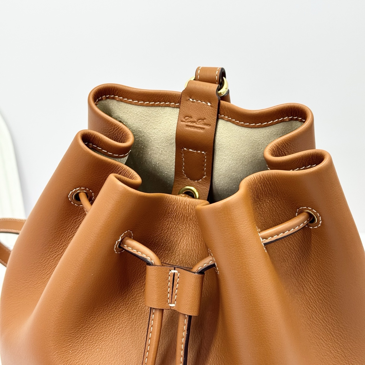 Loro Piana Extra Drawstring backpack L27 Calfskin Warm Tan/Sun Gold