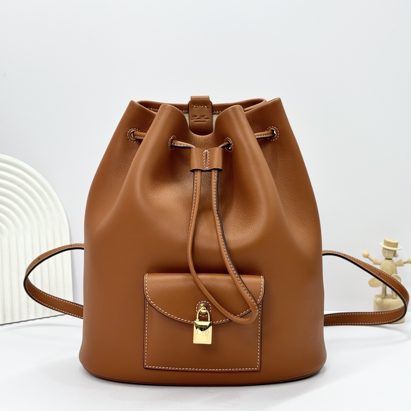 Loro Piana Extra Drawstring backpack L27 Calfskin Warm Tan/Sun Gold