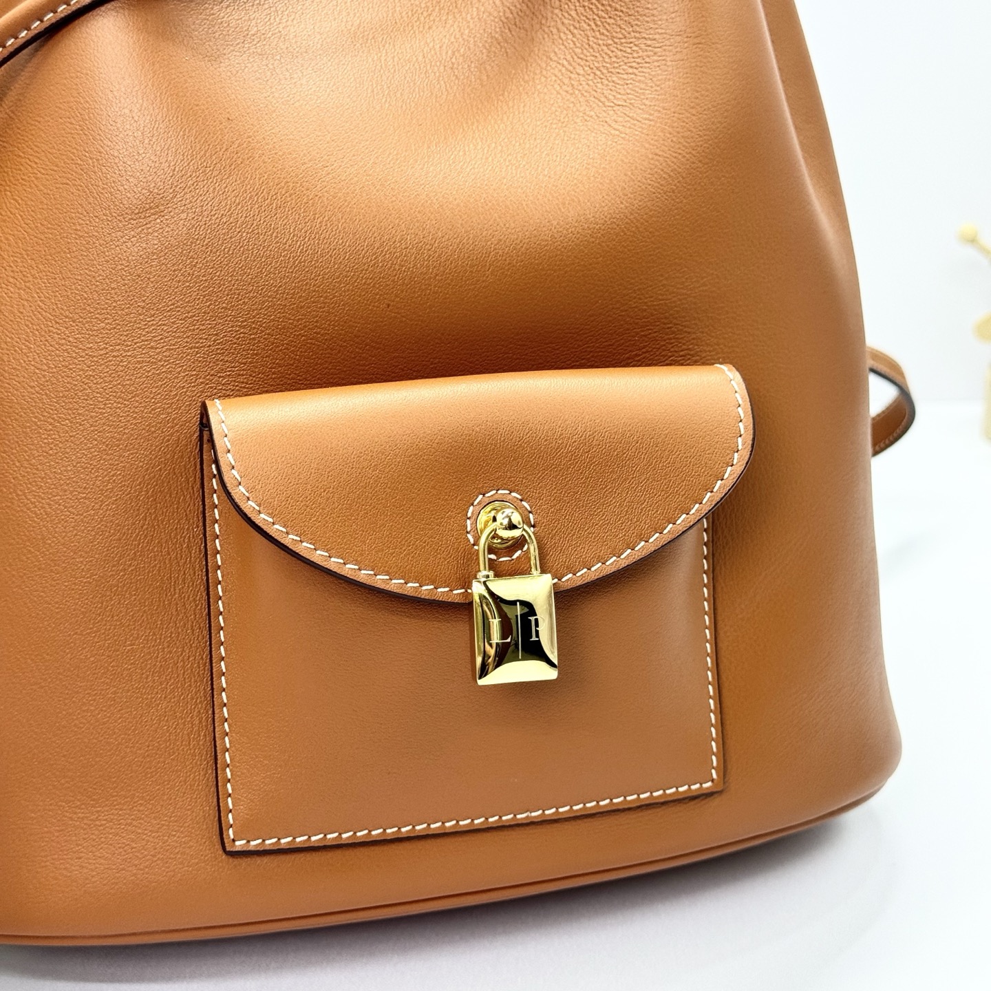 Loro Piana Extra Drawstring backpack L27 Calfskin Warm Tan/Sun Gold
