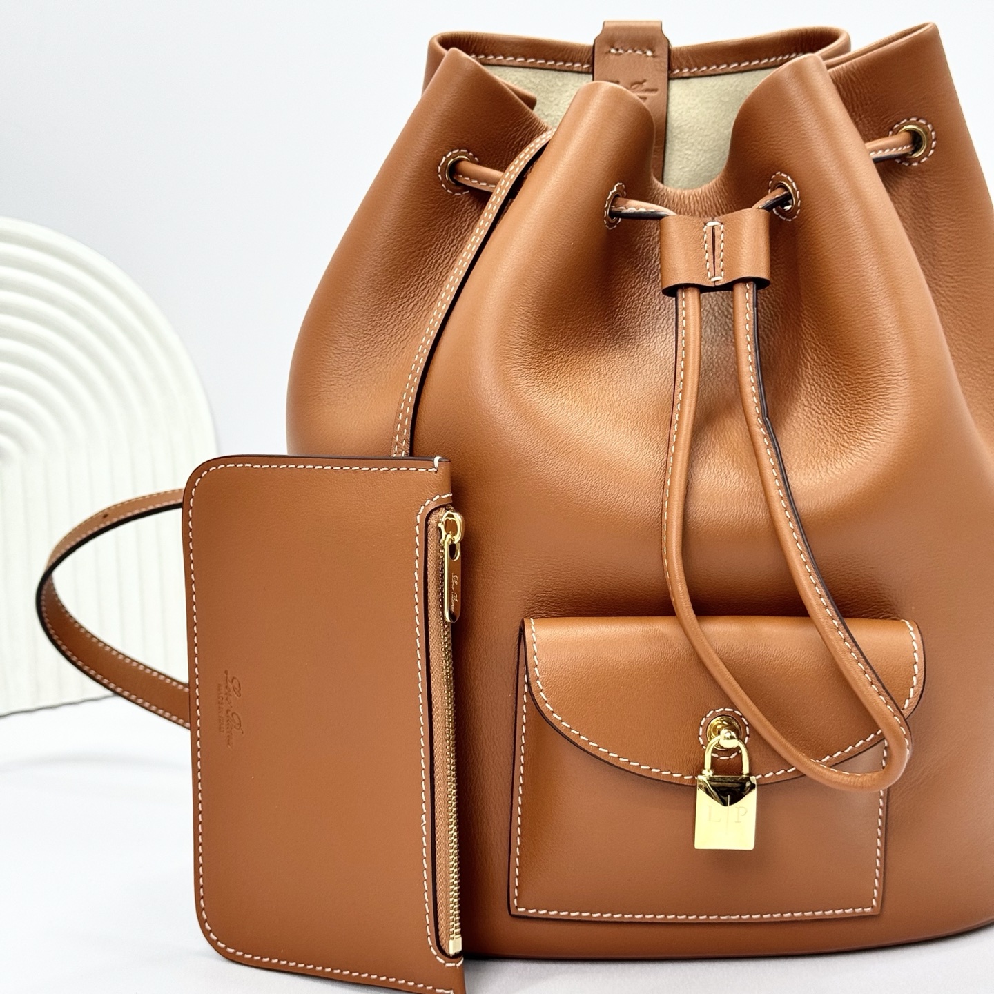 Loro Piana Extra Drawstring backpack L27 Calfskin Warm Tan/Sun Gold