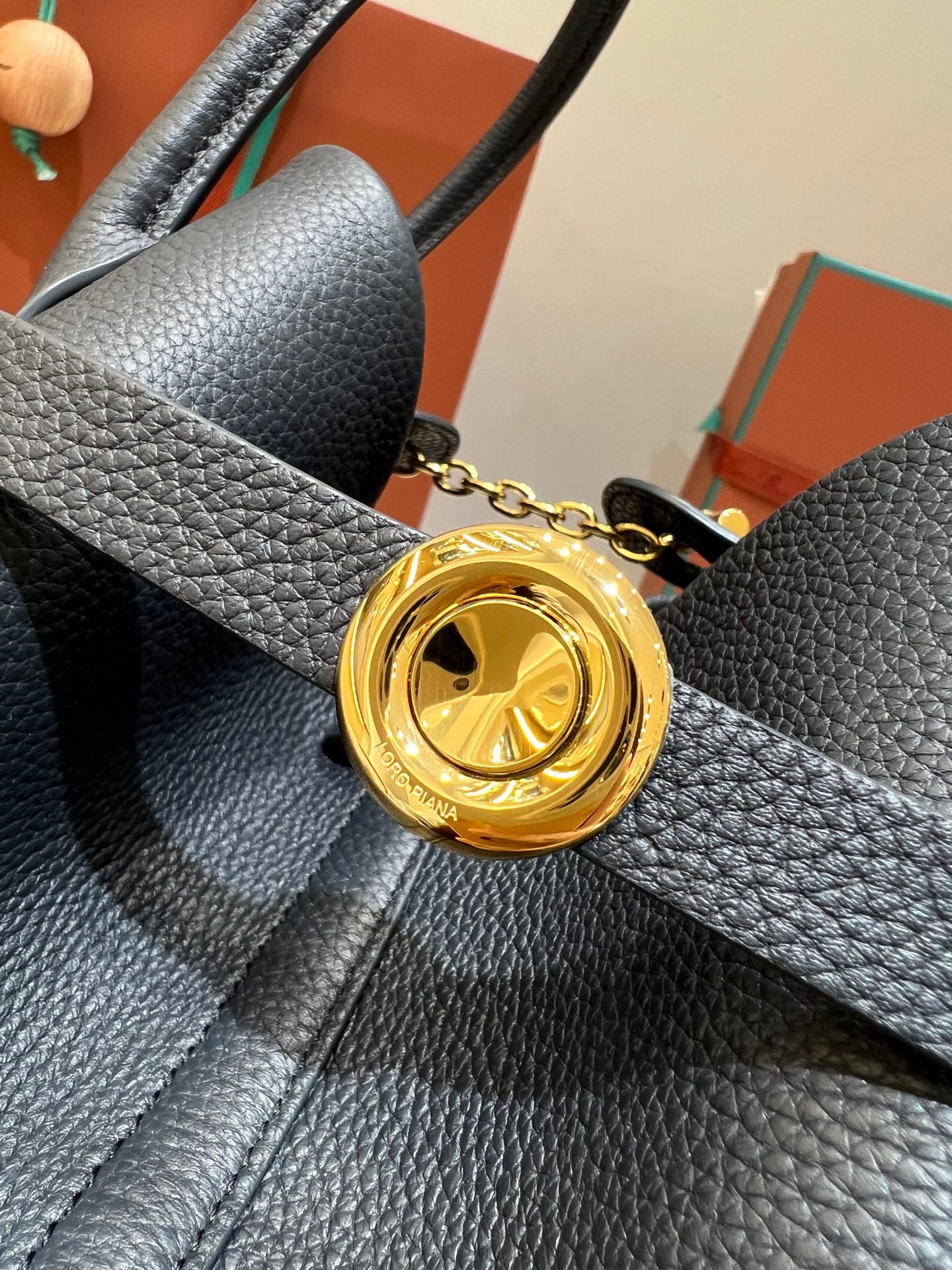 Loro Piana Small Ghiera Shopper Calfskin Blue Navy/Sun Gold | Loro Piana US
