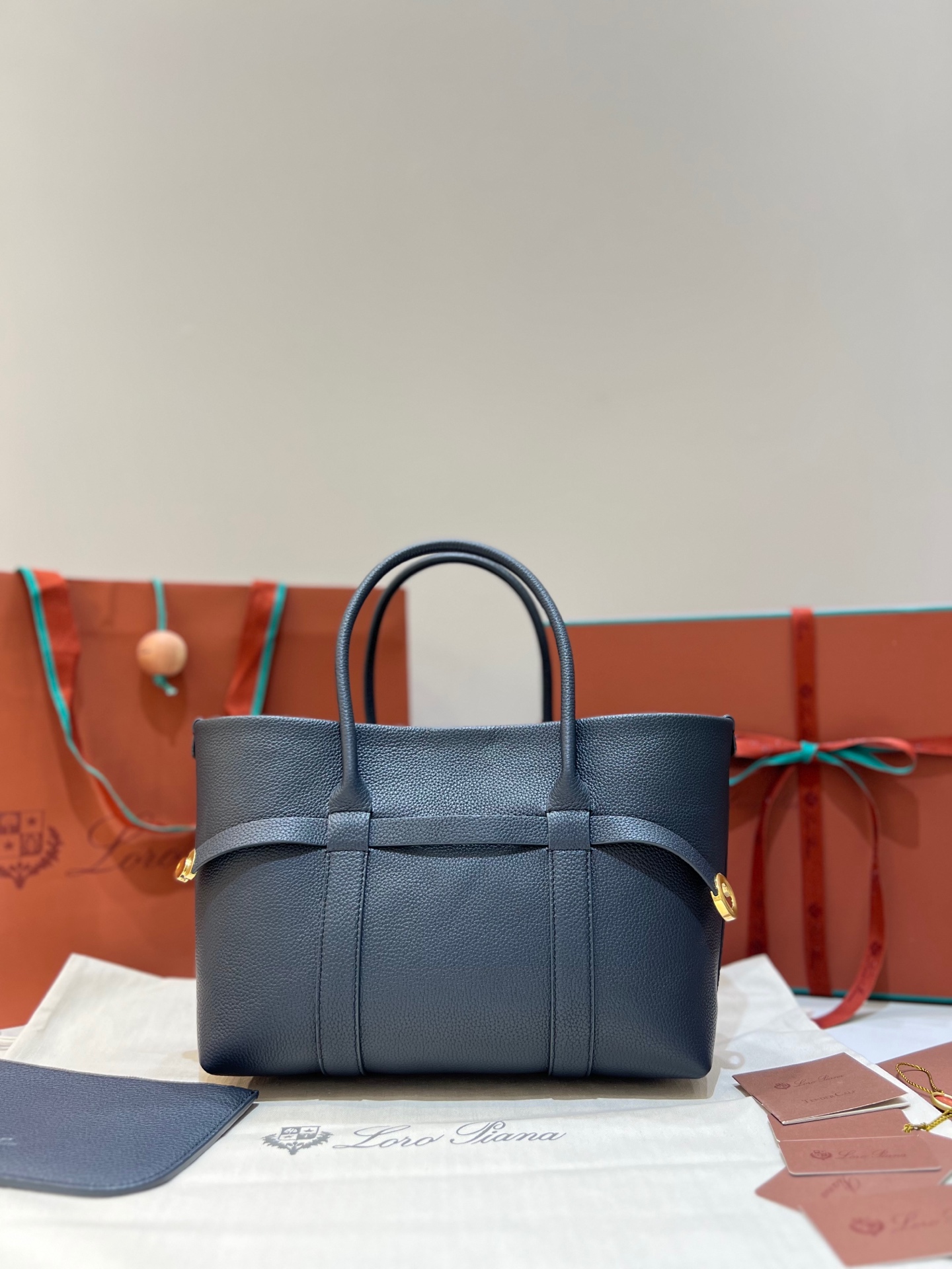 Loro Piana Small Ghiera Shopper Calfskin Blue Navy/Sun Gold | Loro Piana US
