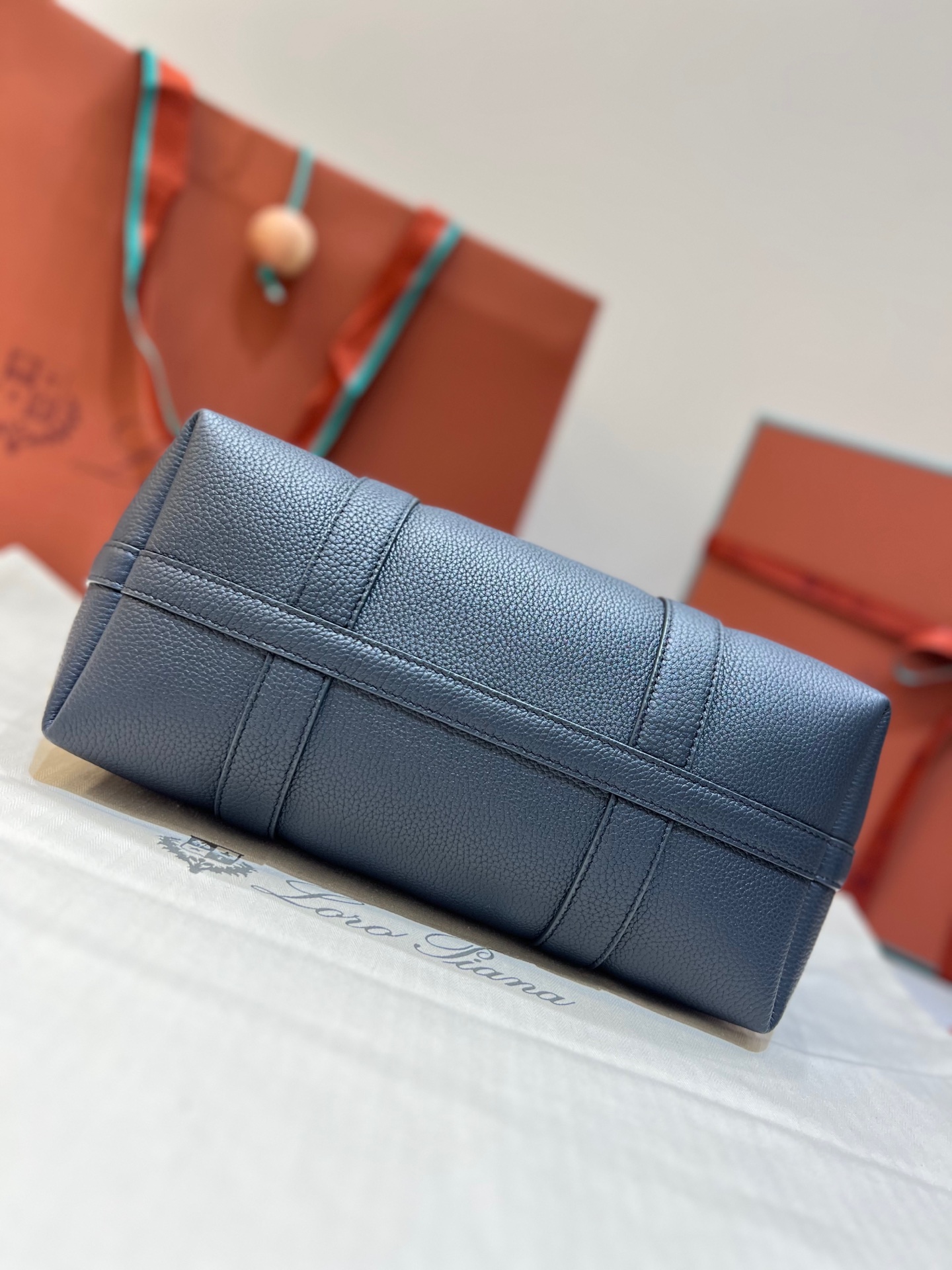 Loro Piana Small Ghiera Shopper Calfskin Blue Navy/Sun Gold | Loro Piana US