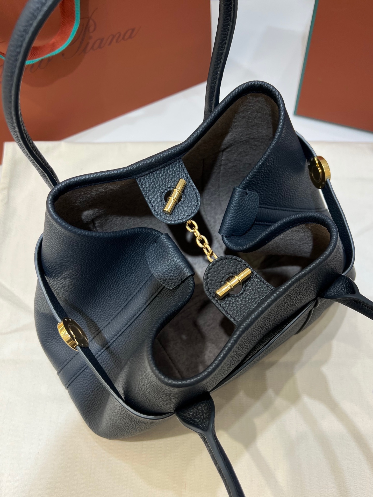 Loro Piana Small Ghiera Shopper Calfskin Blue Navy/Sun Gold | Loro Piana US