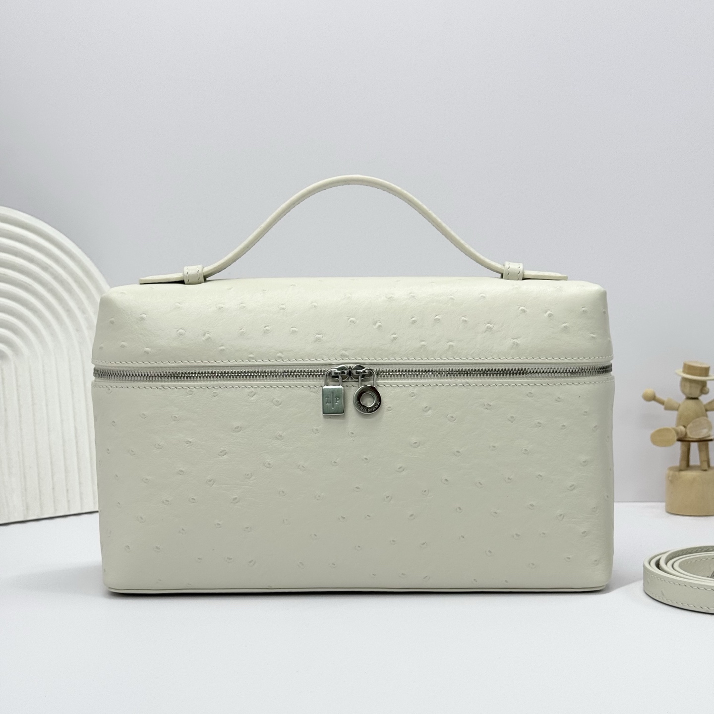 Loro Piana Extra Pocket Mini Pouch Ostrich Leather Whisper white/Antique