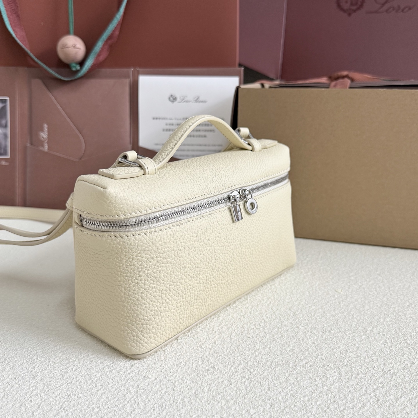 LORO PIANA Grained Calfskin L19 Extra Pocket Pouch Whisp  cream
