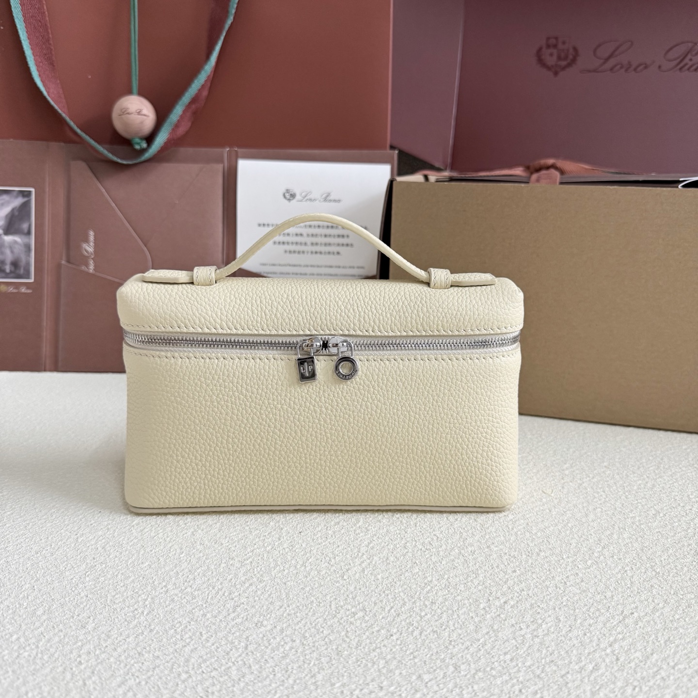 LORO PIANA Grained Calfskin L19 Extra Pocket Pouch Whisp  cream