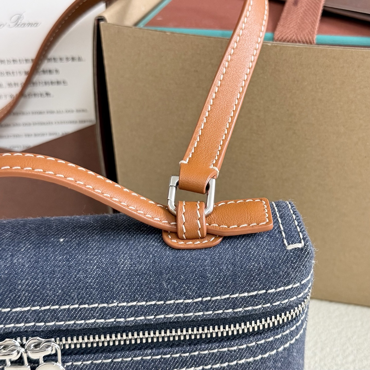 LORO PIANA Denim L19 Extra Pocket Pouch Blue Warm Tan 1591726
