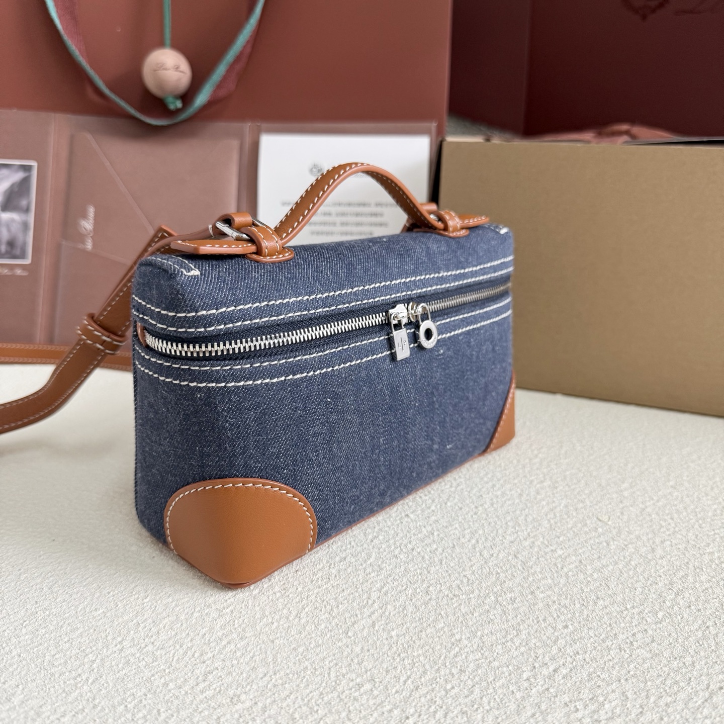 LORO PIANA Denim L19 Extra Pocket Pouch Blue Warm Tan 1591726