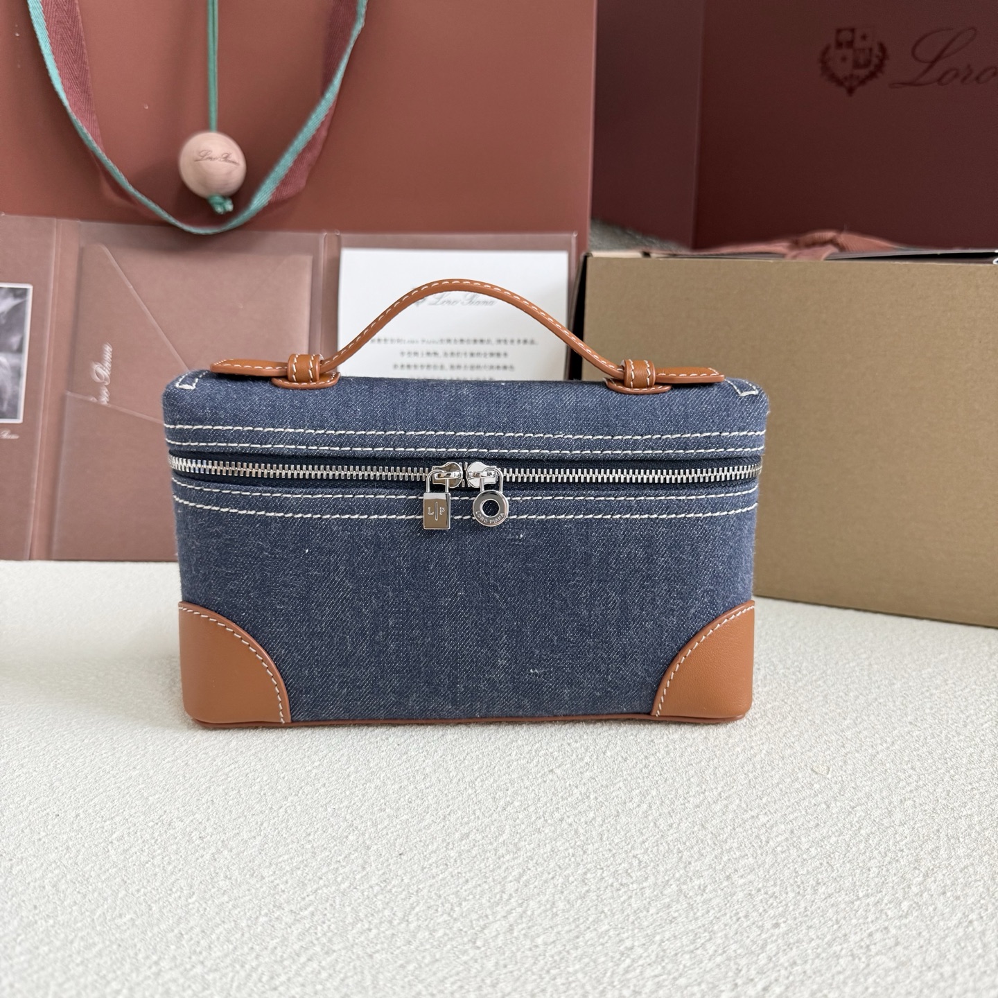 LORO PIANA Denim L19 Extra Pocket Pouch Blue Warm Tan 1591726
