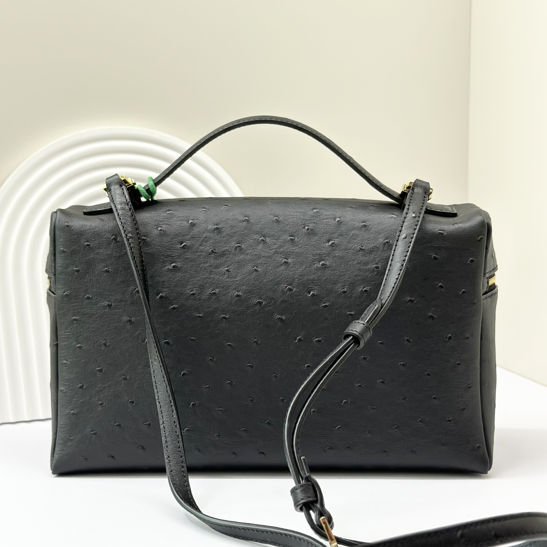 Loro Piana Extra Pocket L19 Shiny Ostrich Pouch |  black