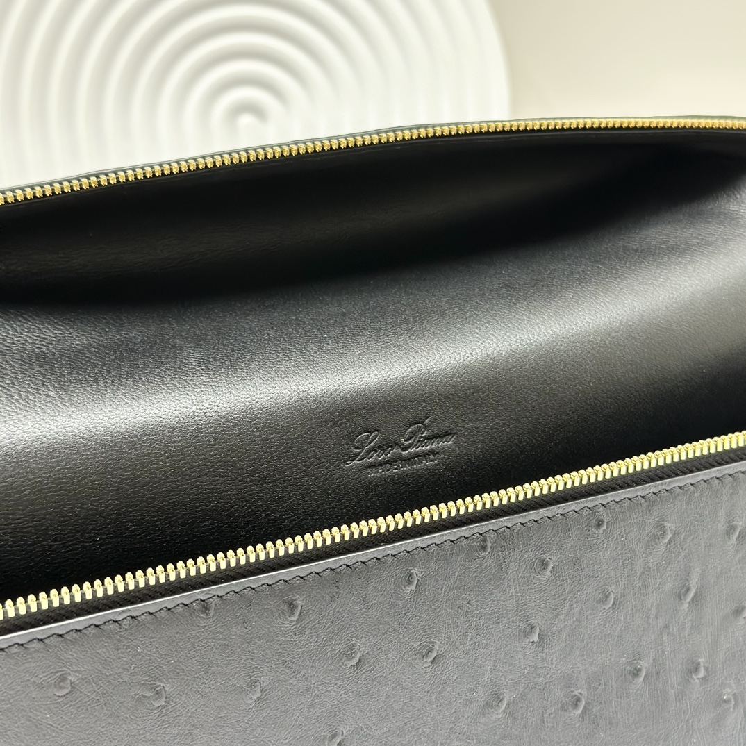 Loro Piana Extra Pocket L19 Shiny Ostrich Pouch |  black