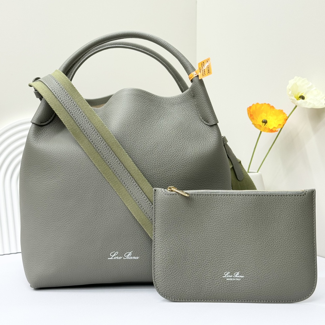 LORO PIANA Grained Calfskin Large Bale Bag Yerba Mate