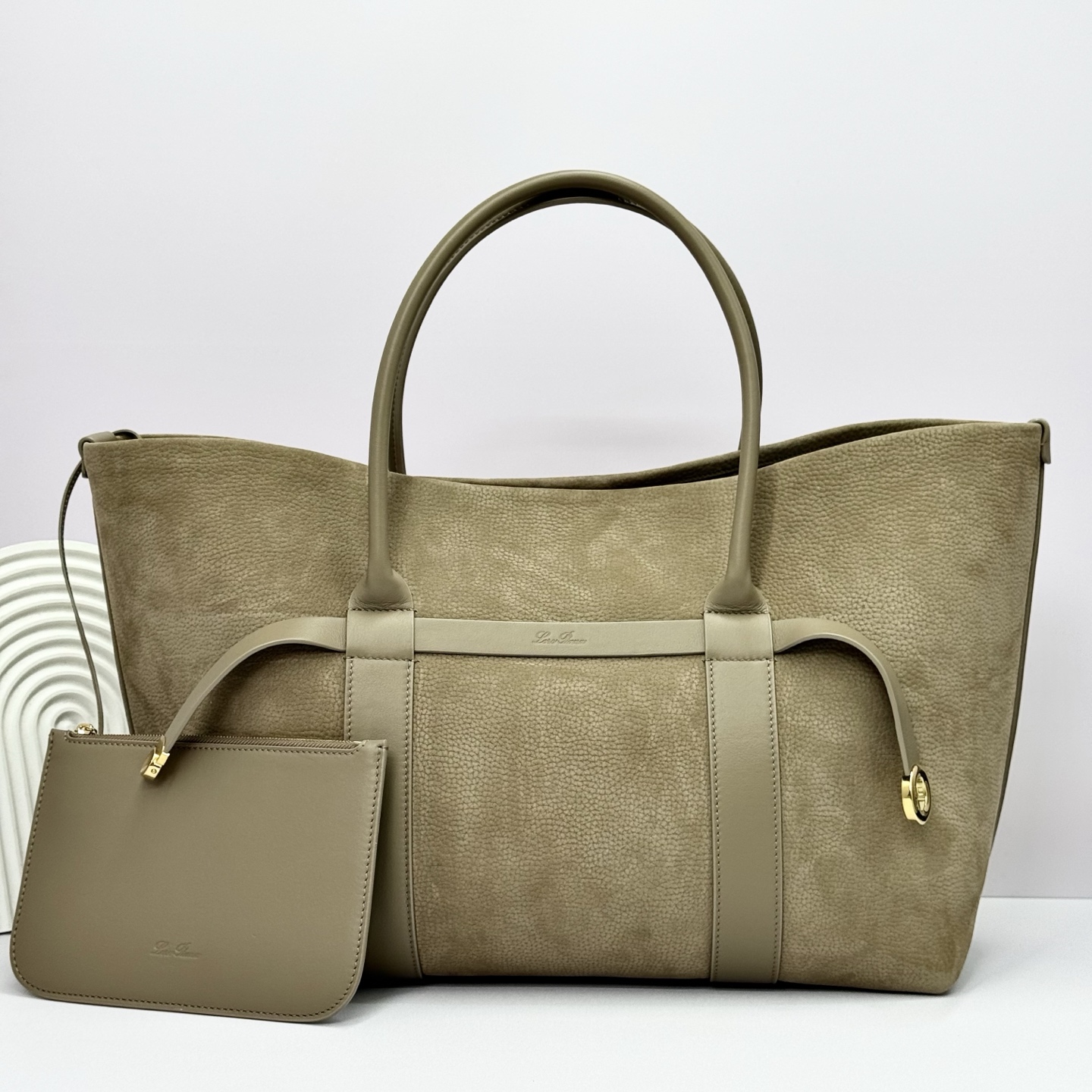 Loro Piana Ghiera Shopper Large Calfskin Fume Taupe/green | Loro Piana CC