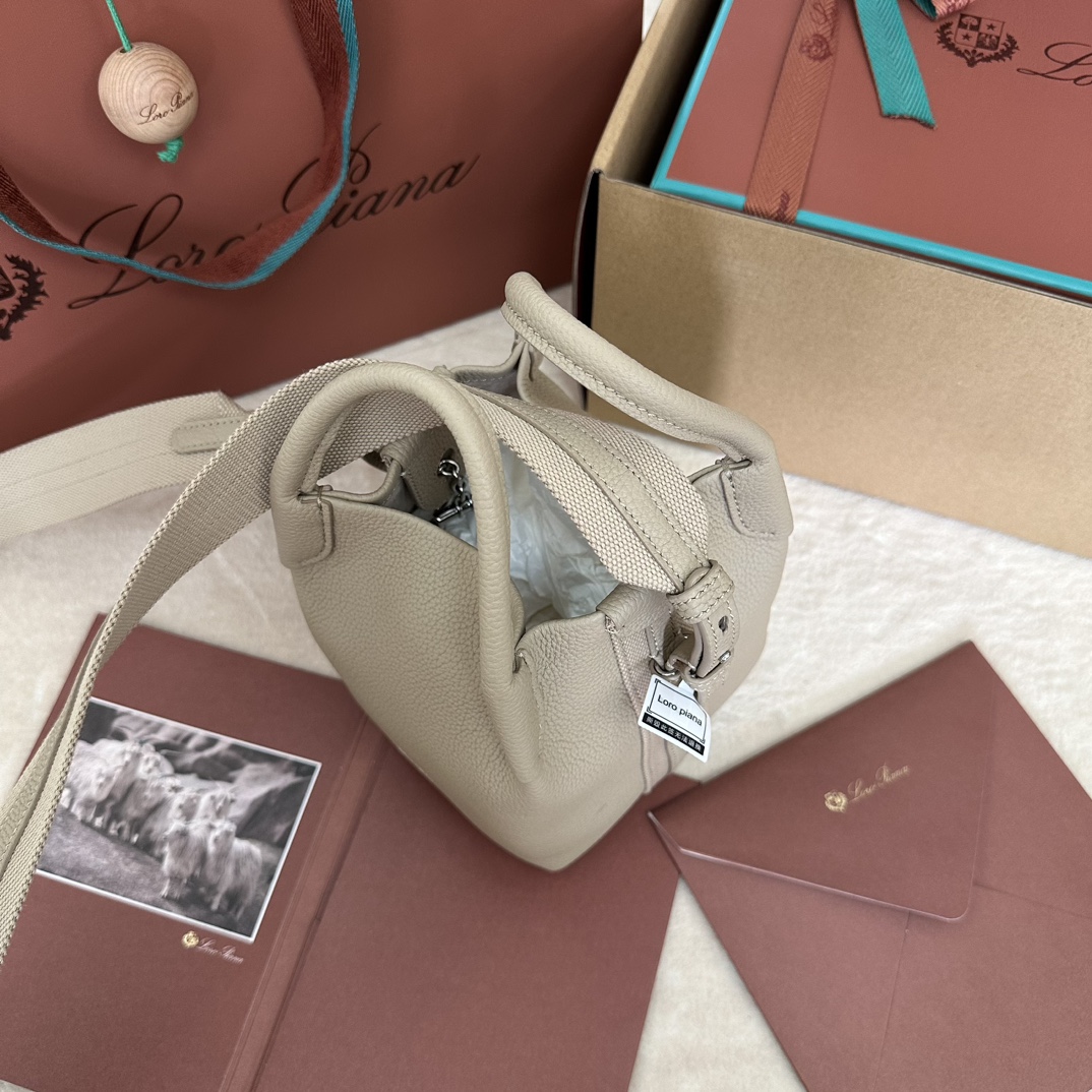 LORO PIANA Grained Calfskin Small Bale Bag Dust Stone