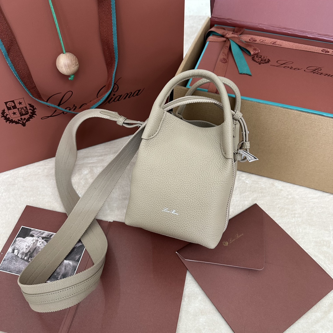 LORO PIANA Grained Calfskin Small Bale Bag Dust Stone