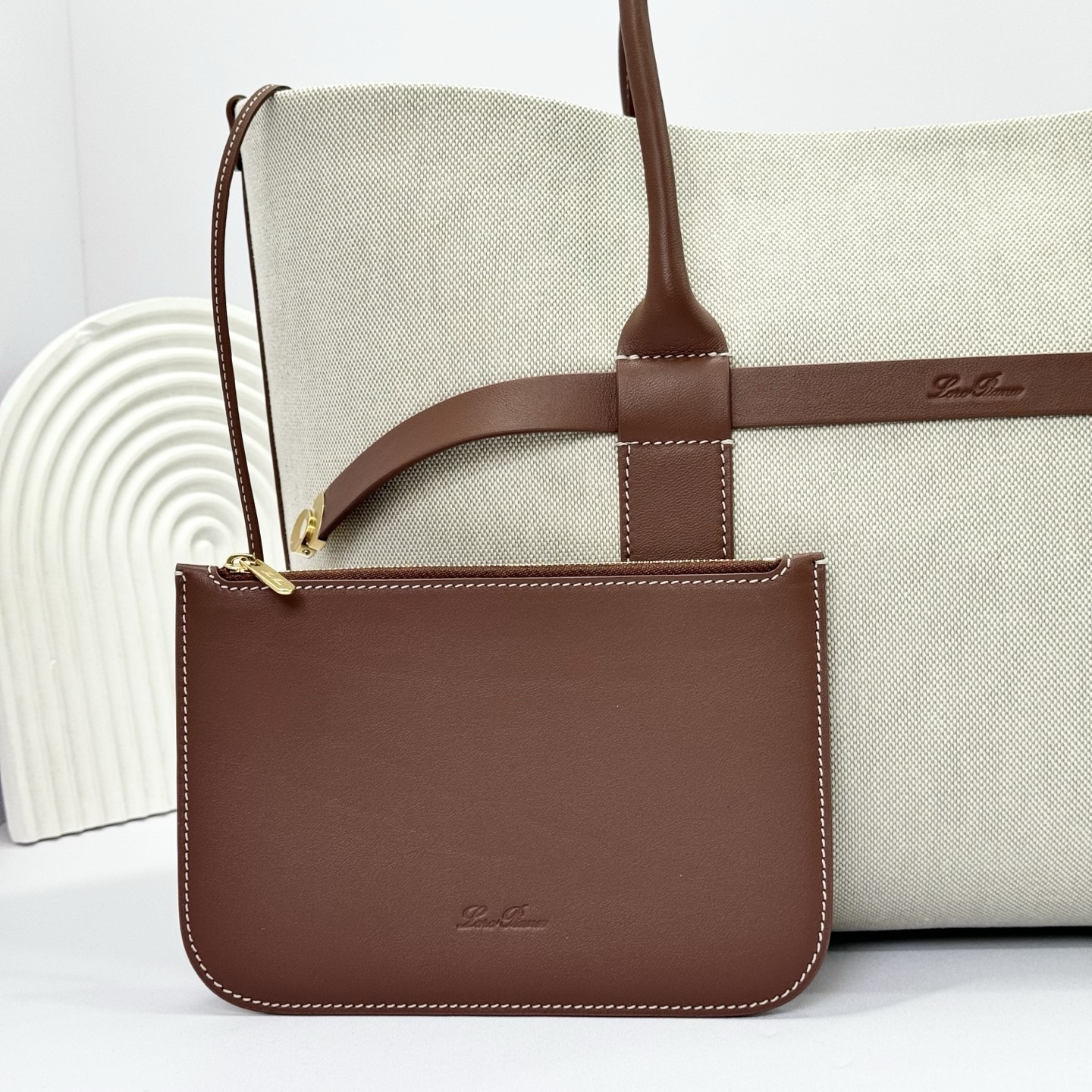 Loro Piana Ghiera Shopper Small Cotton, Linen Natural/Caramel