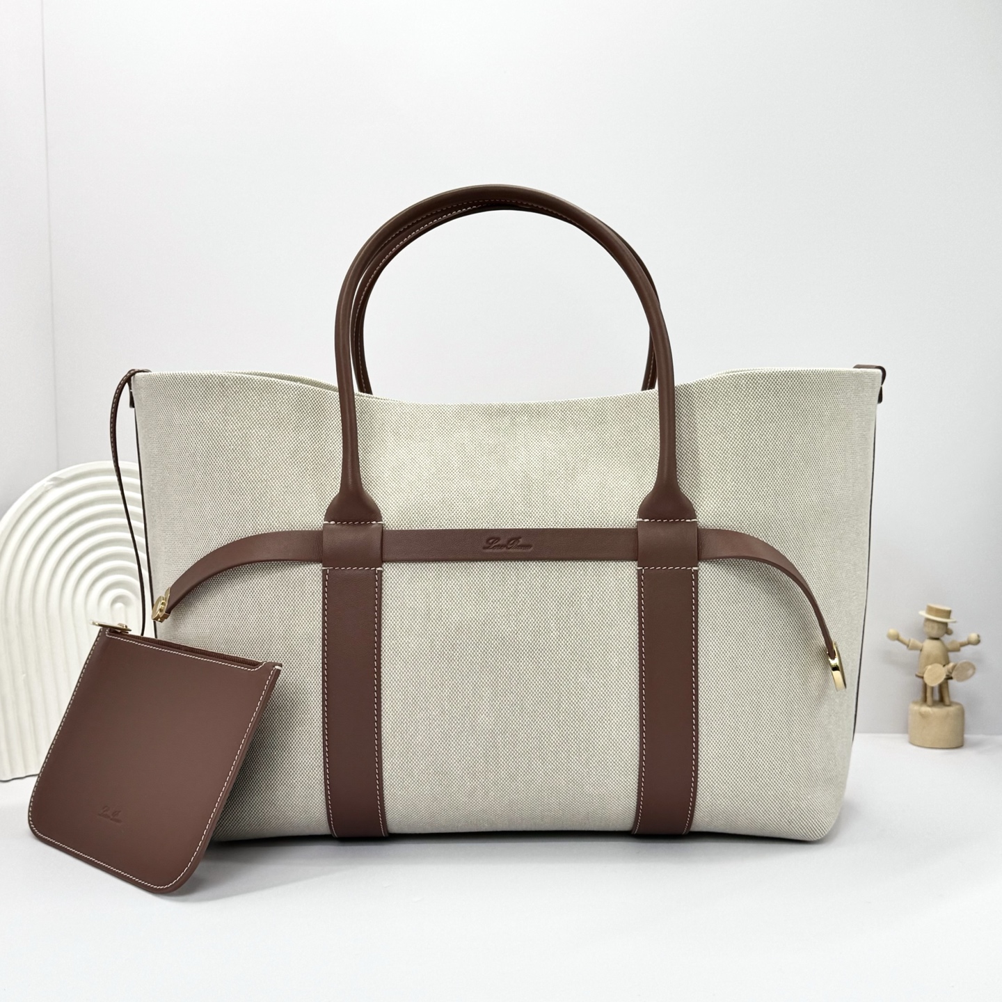 Loro Piana Ghiera Shopper Small Cotton, Linen Natural/Caramel
