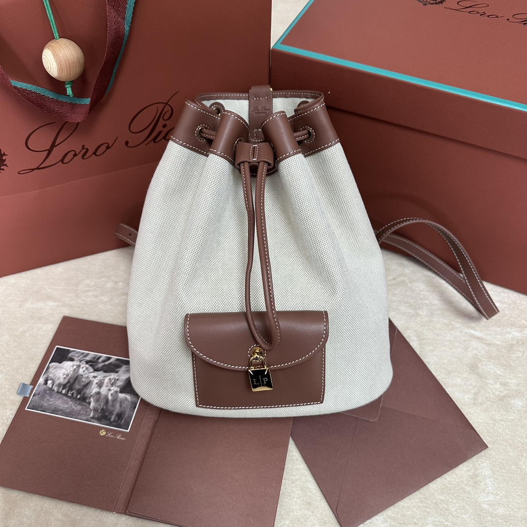 Loro Piana Extra Drawstring backpack L27 Cotton, Linen Natural/Caramel