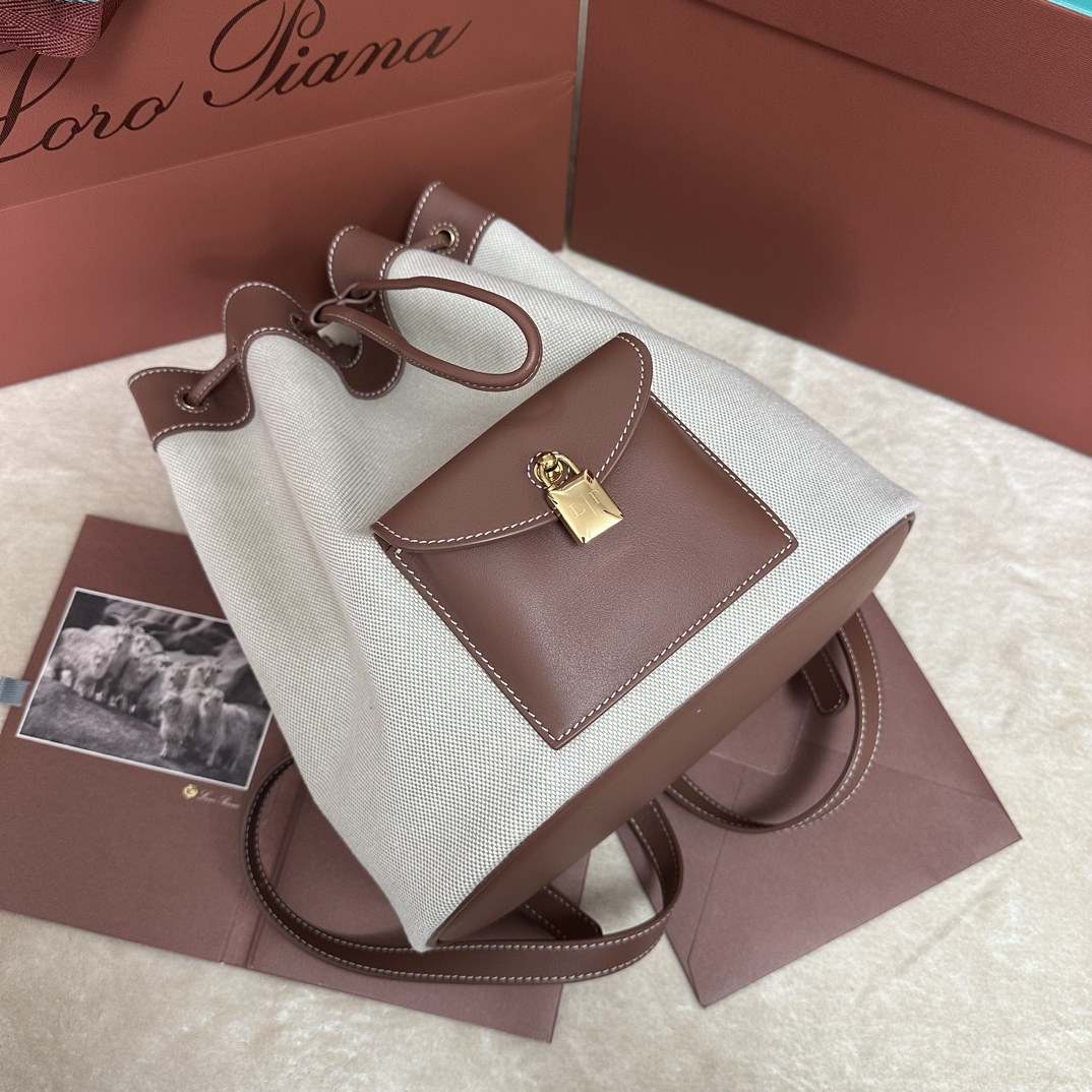 Loro Piana Extra Drawstring backpack L27 Cotton, Linen Natural/Caramel