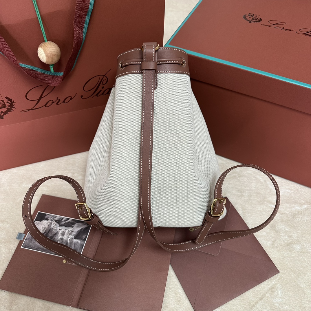 Loro Piana Extra Drawstring backpack L27 Cotton, Linen Natural/Caramel