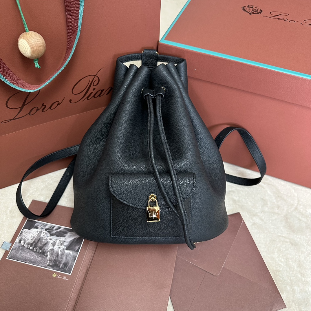 Loro Piana Extra Drawstring backpack L27 Calfskin Blue Navy/Sun Gold |