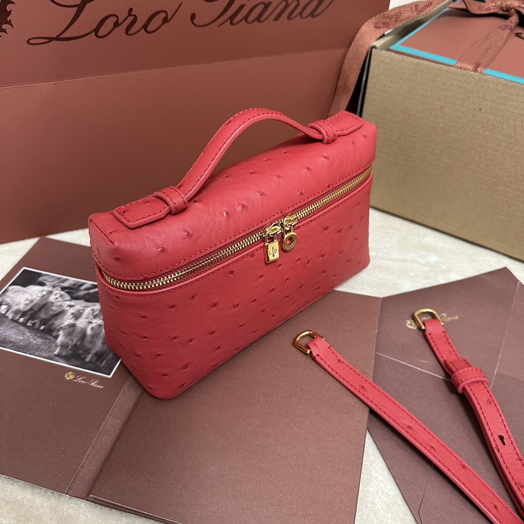Loro Piana Pouch L19 Ostrich Leather Top-Handle Pouch Bag - red pink