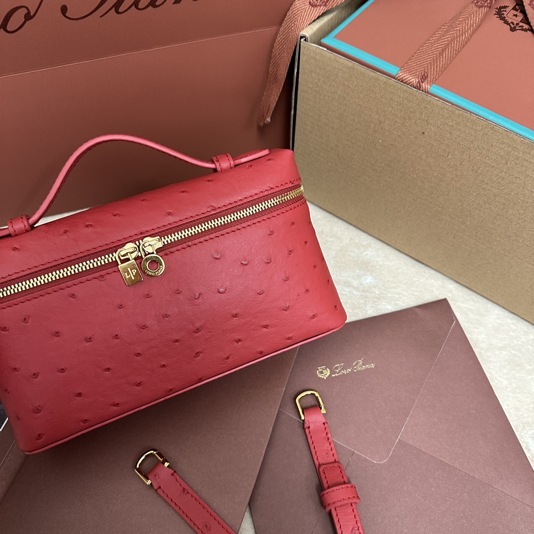 Loro Piana Pouch L19 Ostrich Leather Top-Handle Pouch Bag - red pink