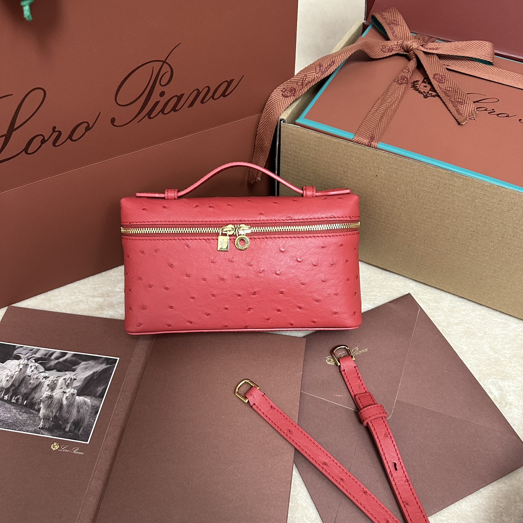 Loro Piana Pouch L19 Ostrich Leather Top-Handle Pouch Bag – red pink