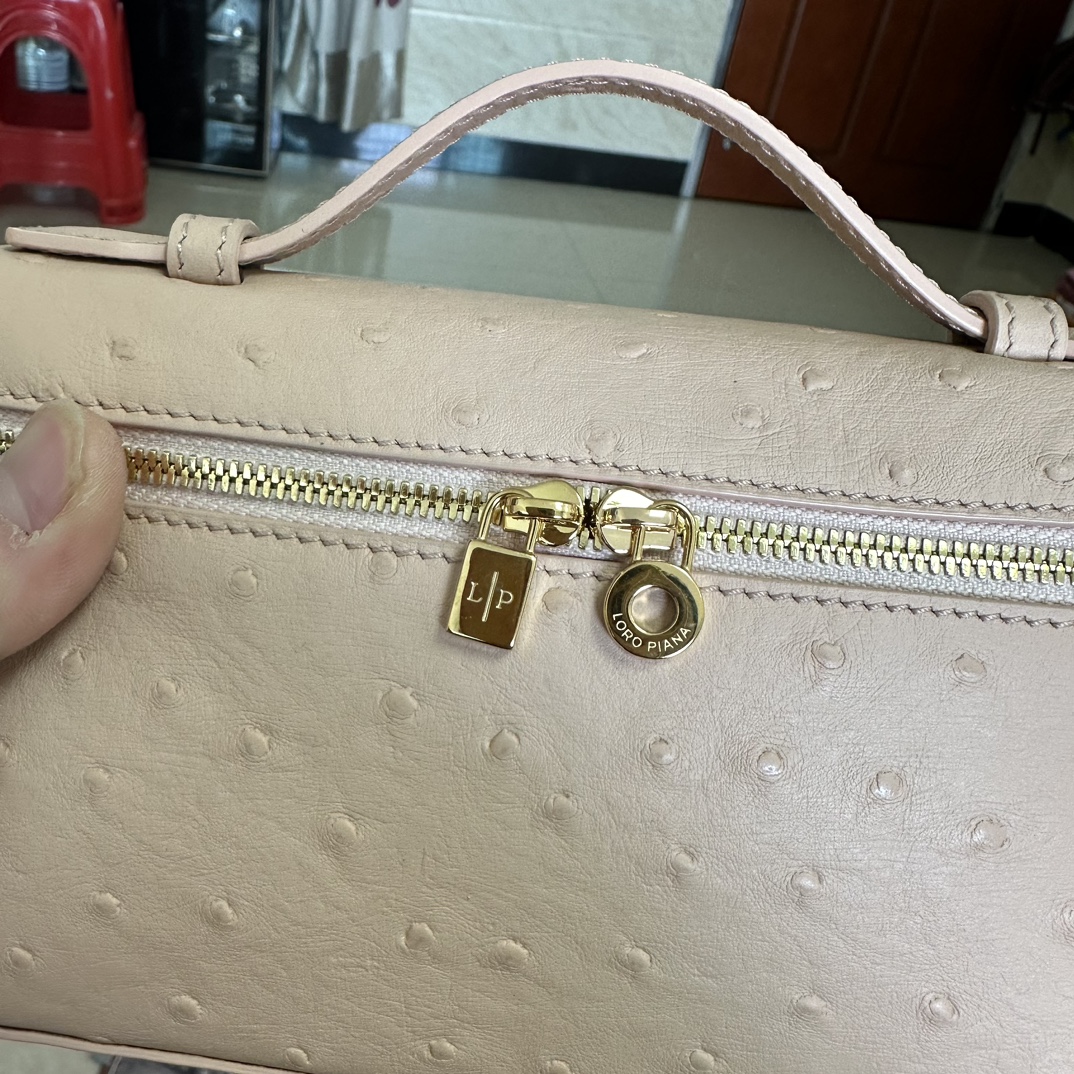 Loro Piana Extra Pocket L19 Pouch Beige  pink Ostrich Gold ...