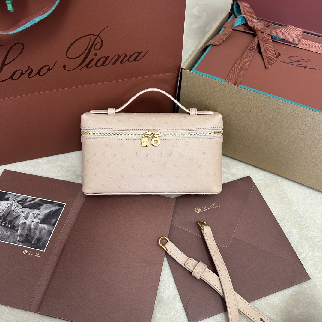 Loro Piana Extra Pocket L19 Pouch Beige  pink Ostrich Gold …