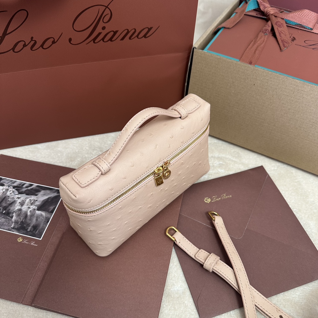 Loro Piana Extra Pocket L19 Pouch Beige  pink Ostrich Gold ...