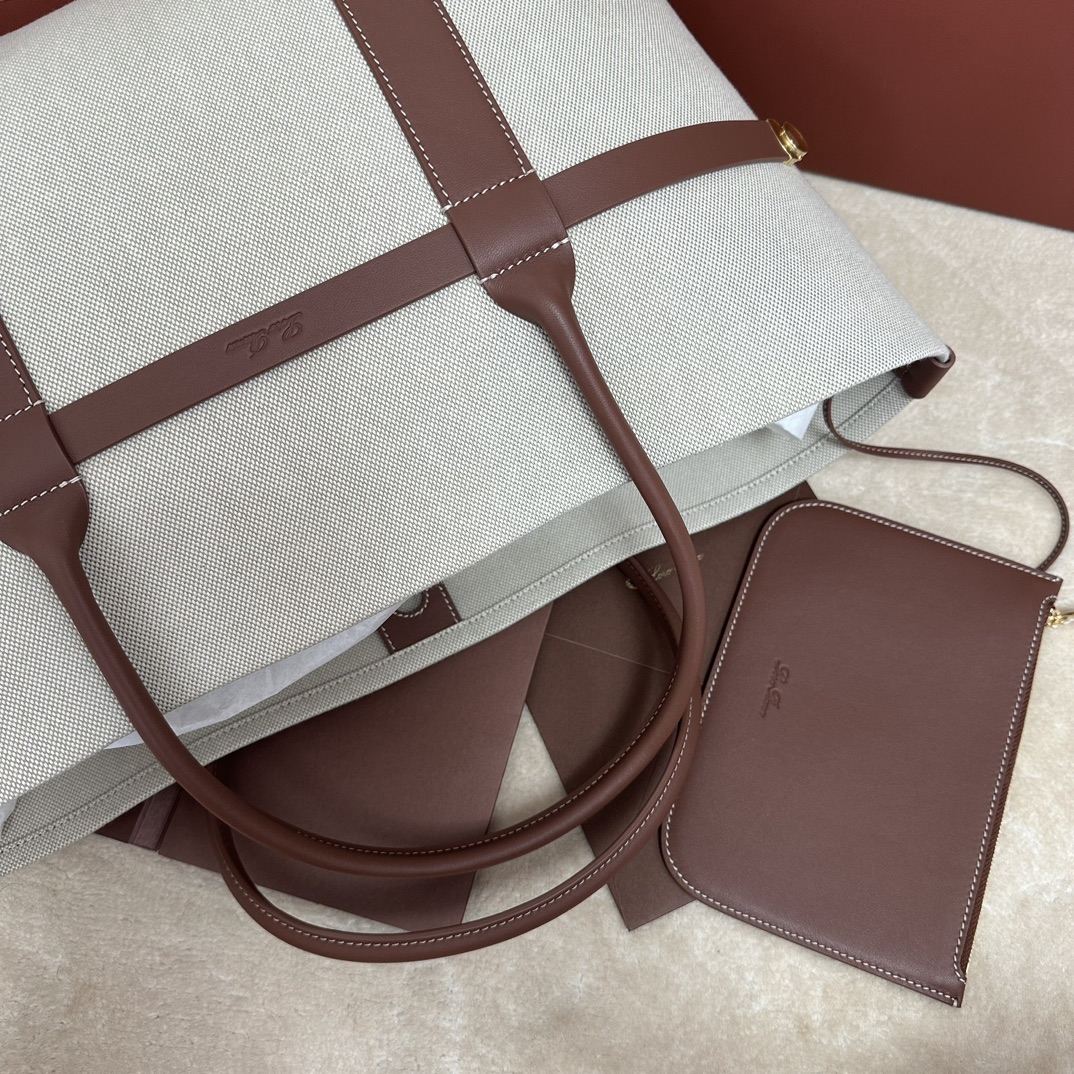 Loro Piana Ghiera Shopper Small Cotton, Linen Natural/Caramel