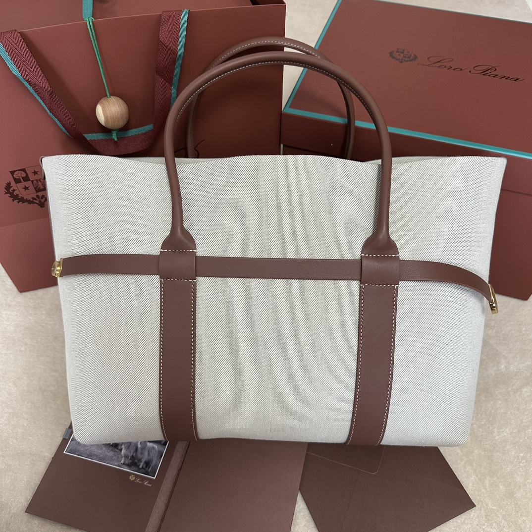 Loro Piana Ghiera Shopper Small Cotton, Linen Natural/Caramel