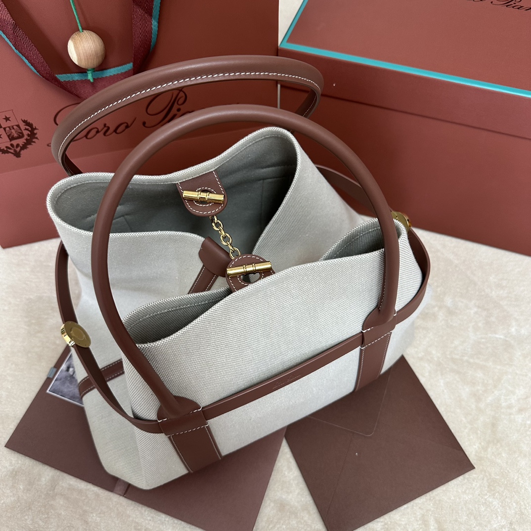 Loro Piana Ghiera Shopper Small Cotton, Linen Natural/Caramel