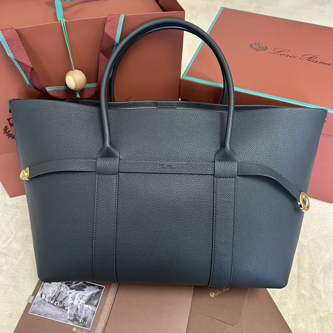 Loro Piana Ghiera Shopper Large Calfskin Blue Navy/Sun Gold | Loro Pian