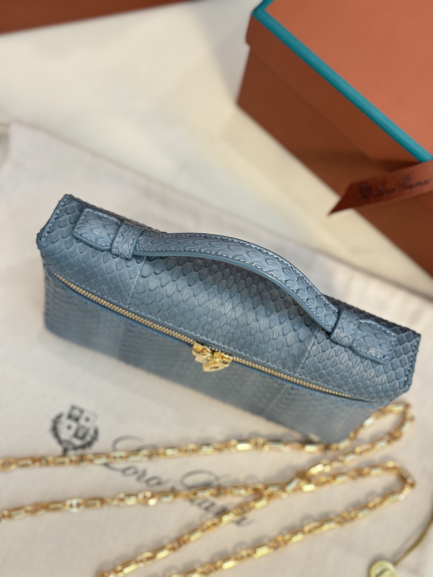 Loro Piana Extra Pocket L19 Lizard Leather blue sky Lagoon/Sun Gold | Loro