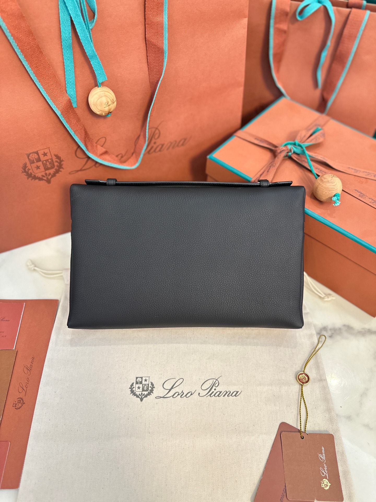 LORO PIANA Grained Calfskin Extra Pocket Pouch L29 black