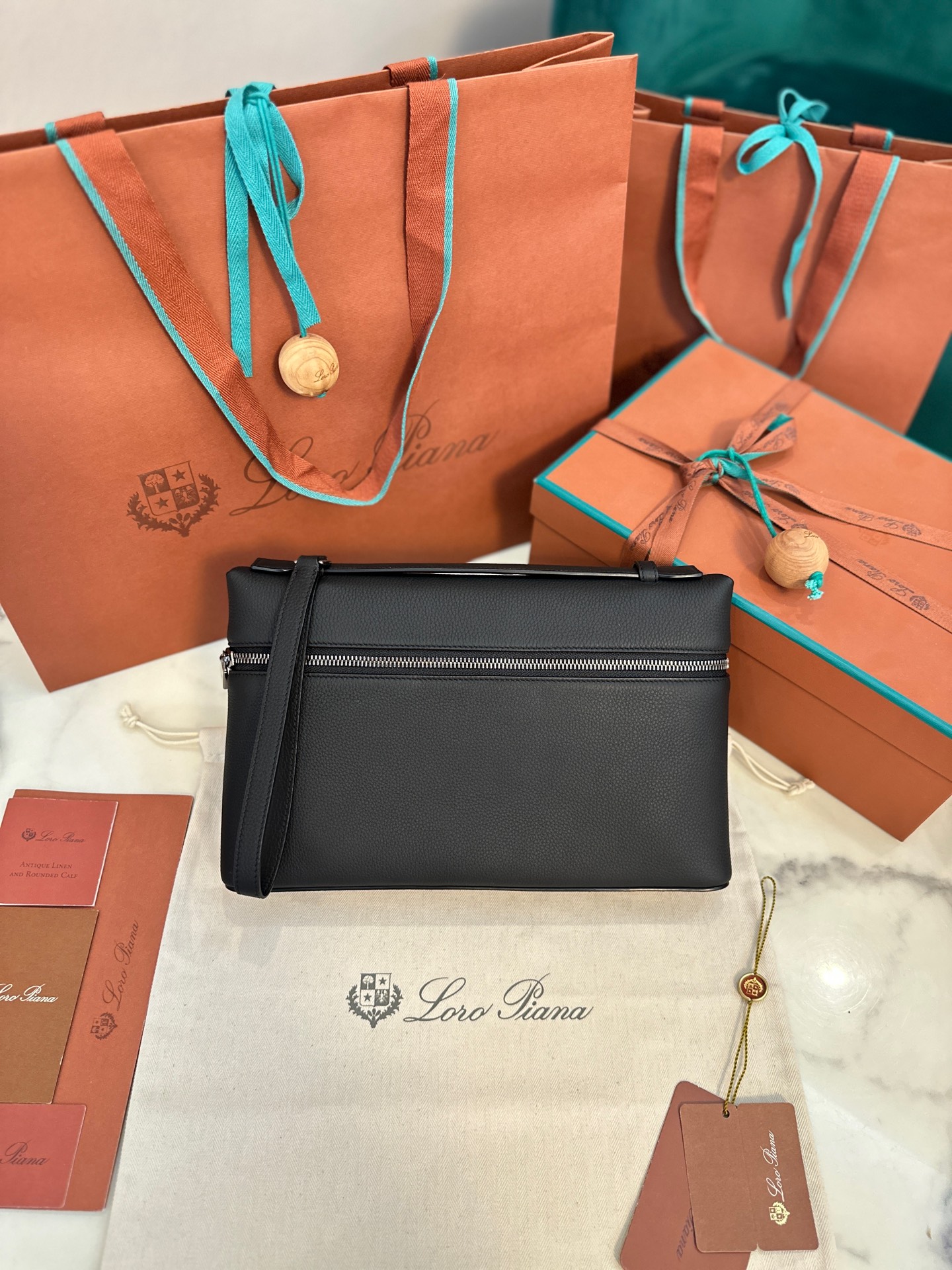 LORO PIANA Grained Calfskin Extra Pocket Pouch L29 black