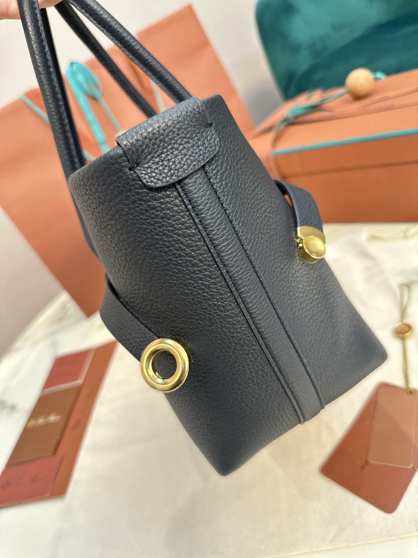 Loro Piana Ghiera Shopper Small Calfskin Blue Navy/Sun Gold | Loro Piana