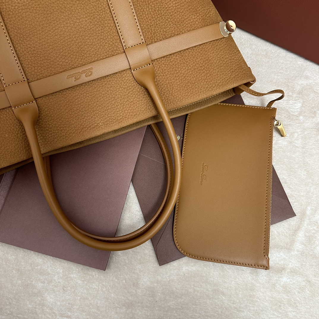 Loro Piana Ghiera Shopper Small Calfskin Bon Ton Brown/Sun Gold | Loro