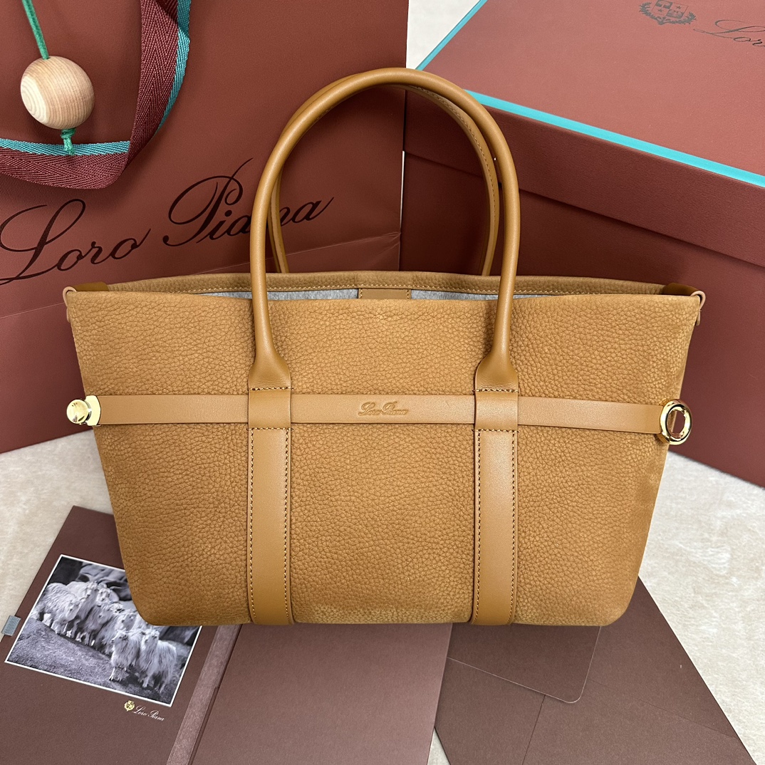 Loro Piana Ghiera Shopper Small Calfskin Bon Ton Brown/Sun Gold | Loro