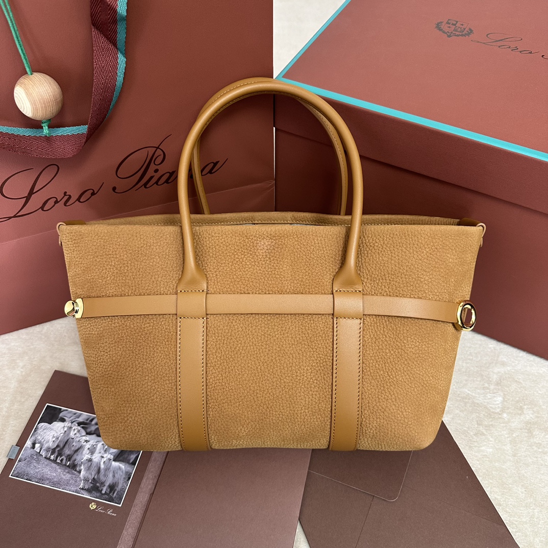 Loro Piana Ghiera Shopper Small Calfskin Bon Ton Brown/Sun Gold | Loro