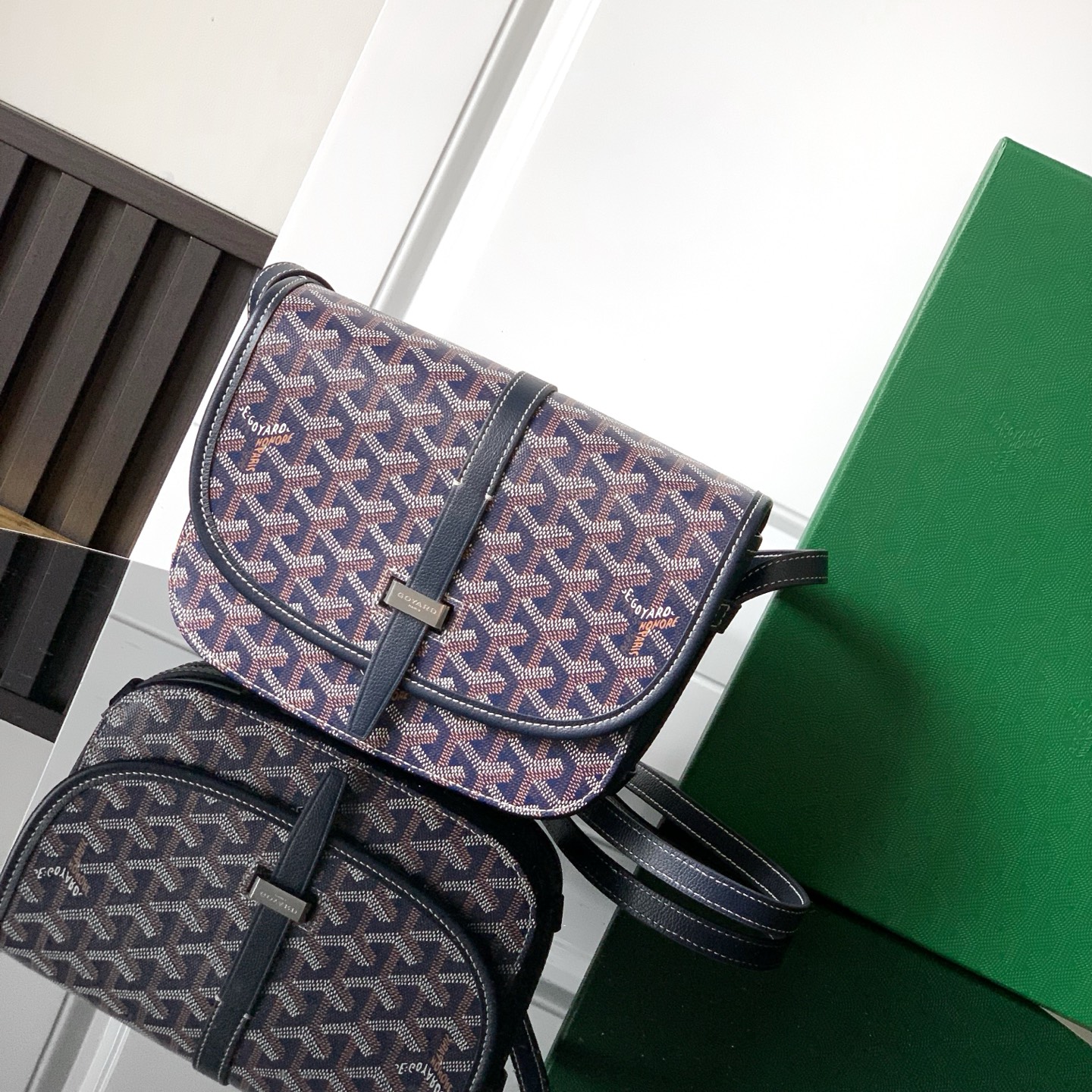 Goyard Goyardine Navy Belvedere PM Palladium Hardware