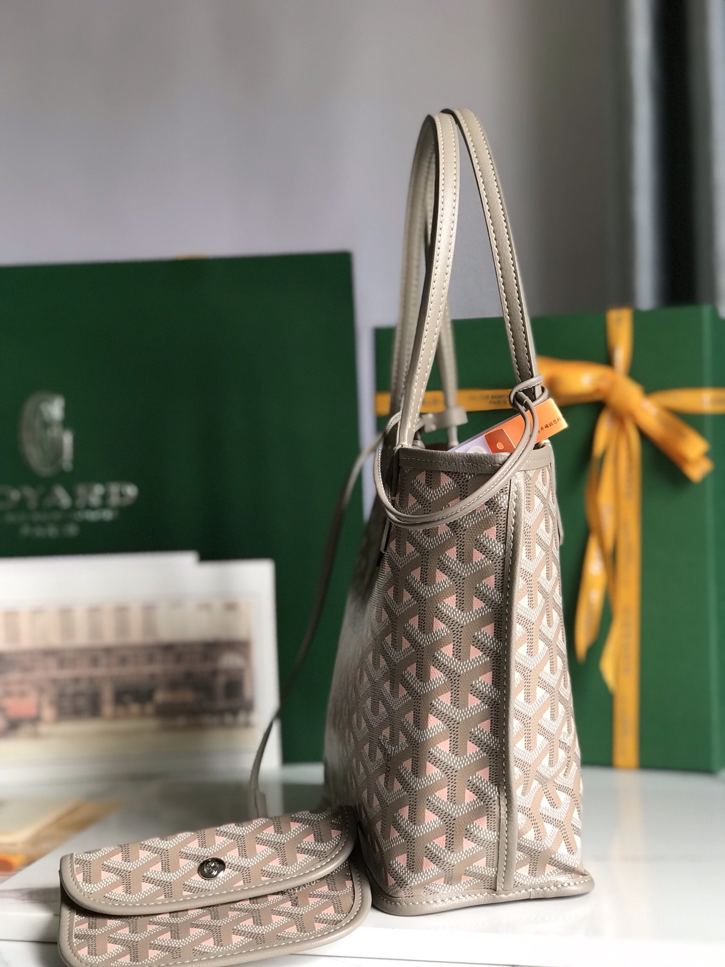 Goyard Brown and Beige pink Leather Top Handle Bag