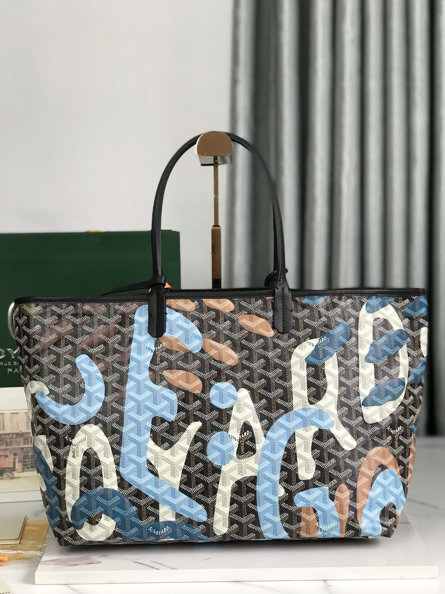 Goyard St. Louis Tote GM Black/Blue/Tan Camo Limited Edition Palladium