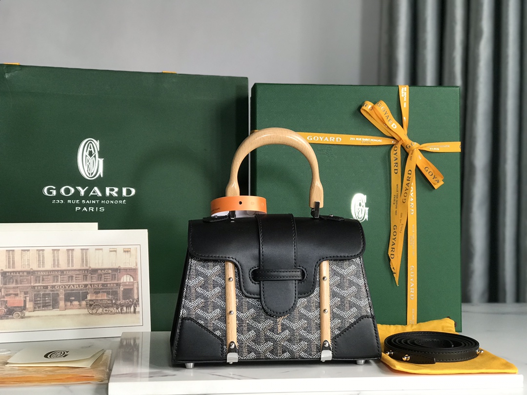bag Goyard Saigon Handbag Goyardine Wood Trim PM ‘BlackMATIGNON  00659