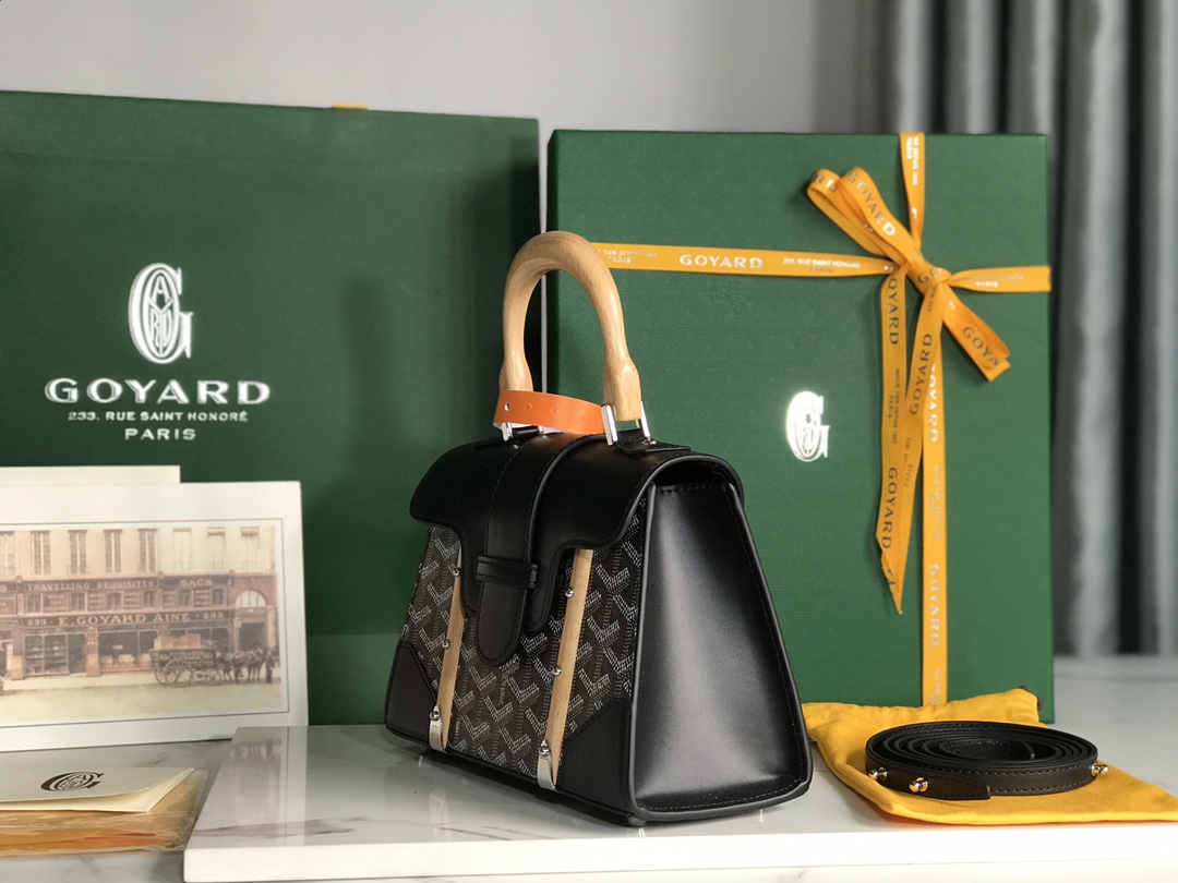 bag Goyard Saigon Handbag Goyardine Wood Trim PM 'BlackMATIGNON  00659